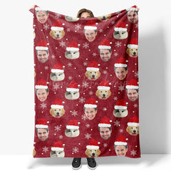 Lofaris Custom Pet Face Photo Snowflake Red Christmas Blanket