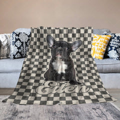 Lofaris Custom Pet Photo Name Grey And White Plaid Blanket