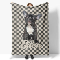 Lofaris Custom Pet Photo Name Grey And White Plaid Blanket