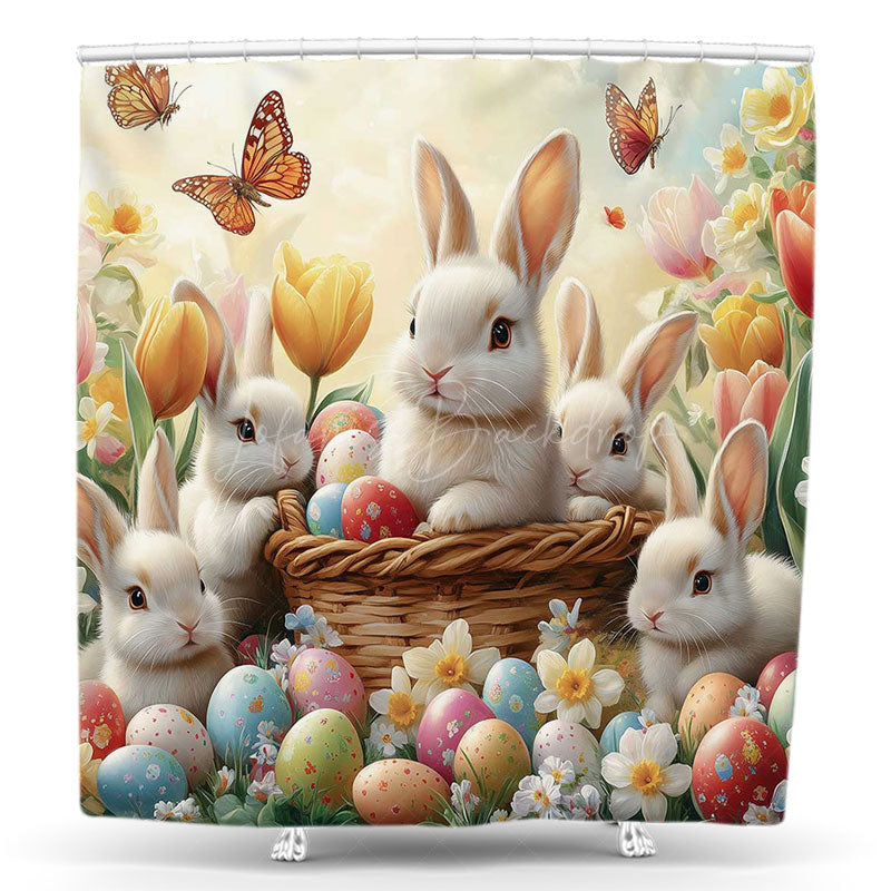 Lofaris Cute Bunny Butterfly Egg Floral Easter Shower Curtain