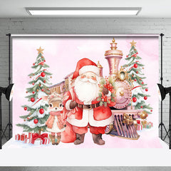 Lofaris Cute Deer Santa Claus Train Pink Christmas Backdrop