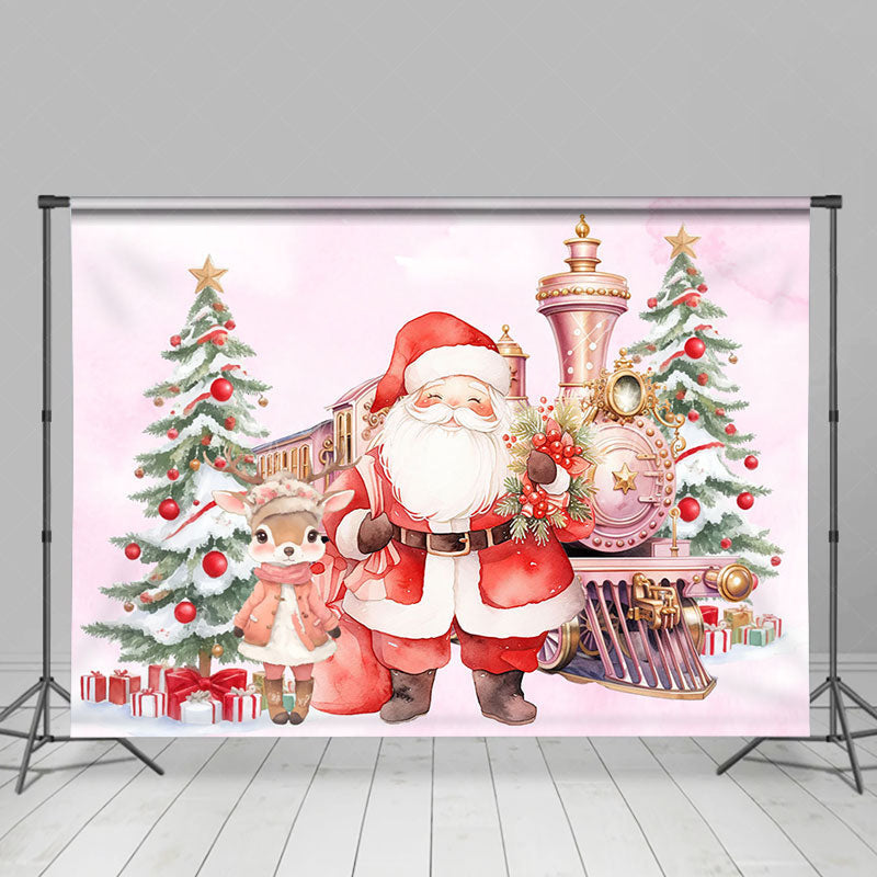 Lofaris Cute Deer Santa Claus Train Pink Christmas Backdrop