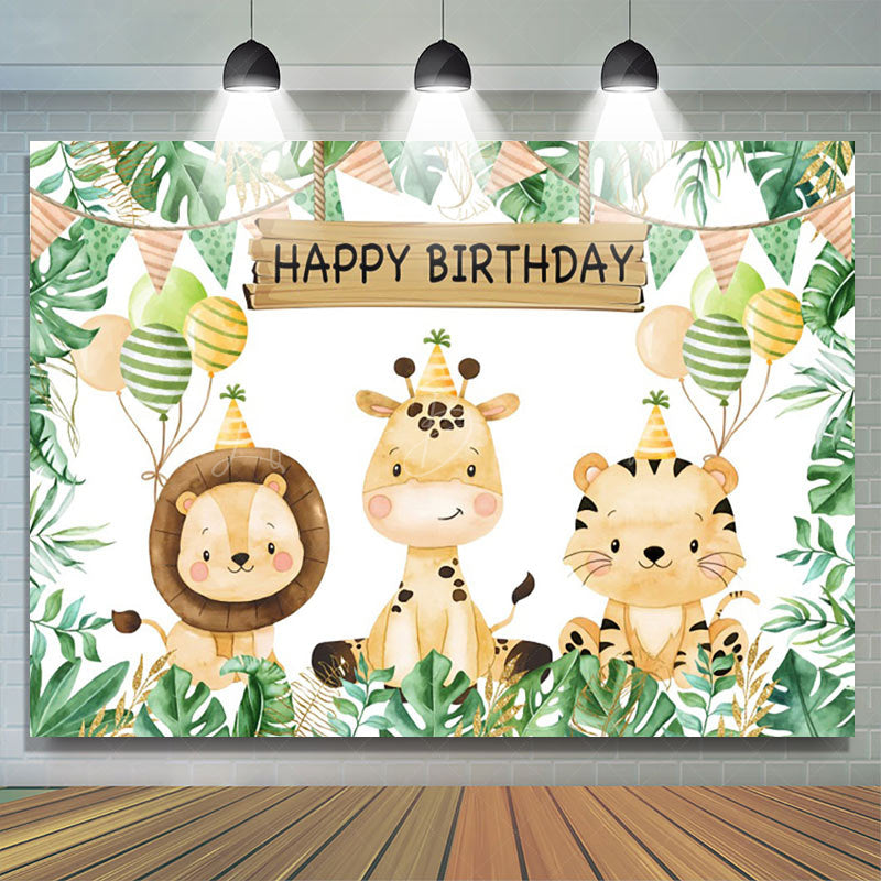 Lofaris Cute Jungle Animals Monstera Happy Birthday Backdrop