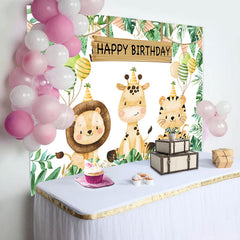 Lofaris Cute Jungle Animals Monstera Happy Birthday Backdrop