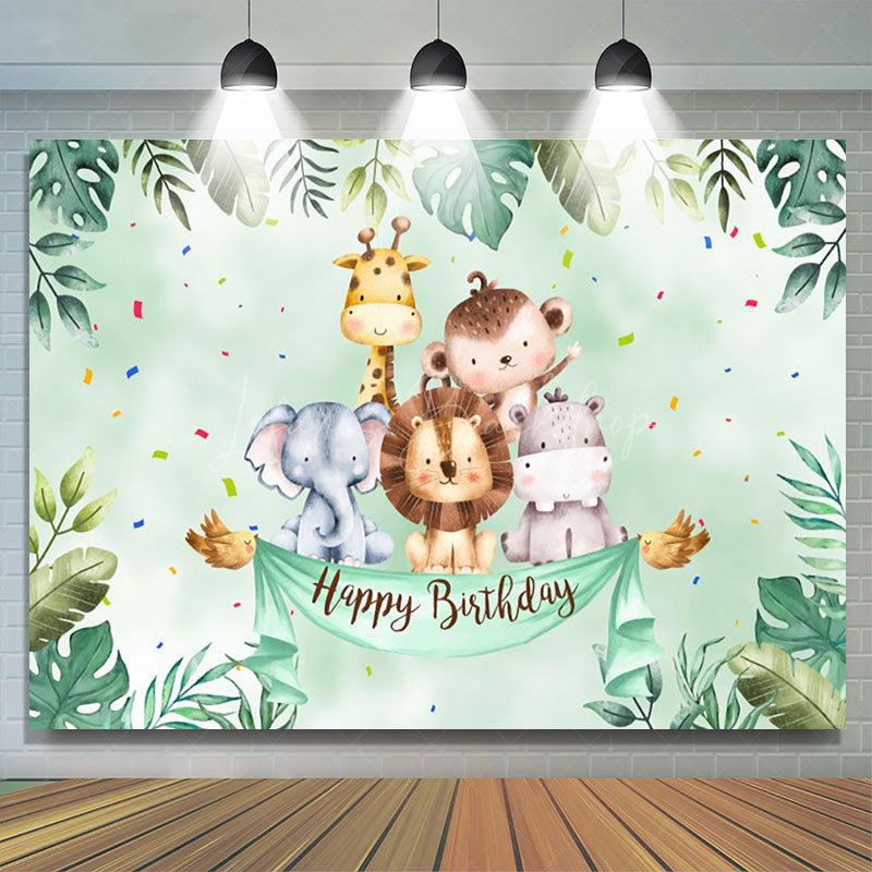 Lofaris Cute Safari Animals Greenery Happy Birthday Backdrop