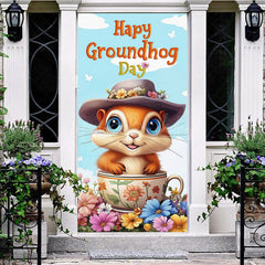 Lofaris Cute Tea Cup Floral Happy Groundhog Day Door Cover