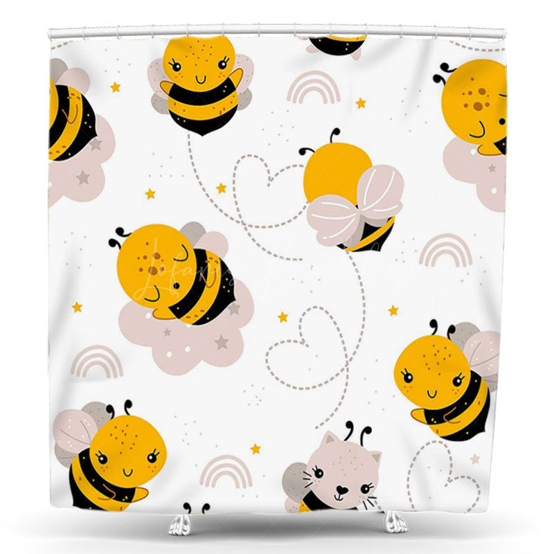 Lofaris Cute Yellow Honeybees White Animal Shower Curtain