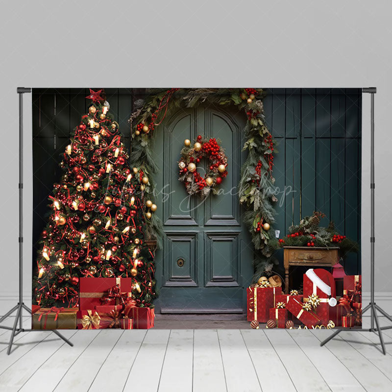 Lofaris Dark Green Retro Door Festive Christmas Backdrop