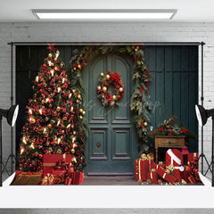 Lofaris Dark Green Retro Door Festive Christmas Backdrop