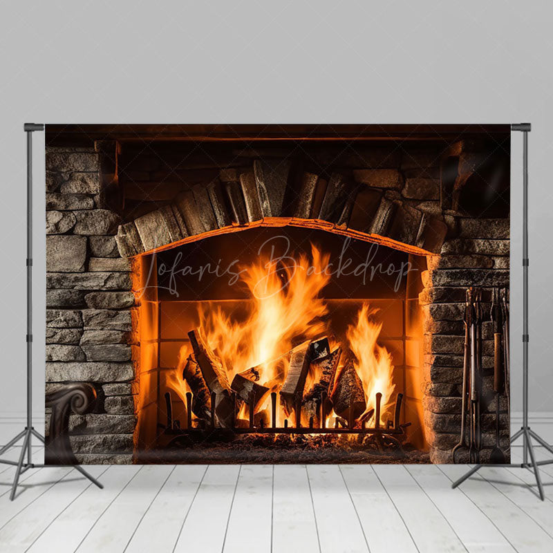 Lofaris Dark Grey Bricks Fireplace Warm Christmas Backdrop