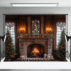 Lofaris Dark Light Fireplace Vintage Christmas Photo Backdrop