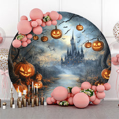 Lofaris Dark Night Castle Pumpkin Round Halloween Backdrop