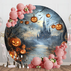 Lofaris Dark Night Castle Pumpkin Round Halloween Backdrop