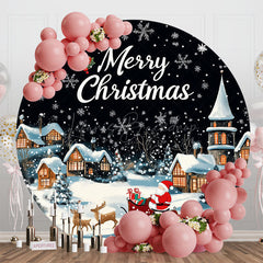 Lofaris Dark Night Snowy Town Santa Round Christmas Backdrop