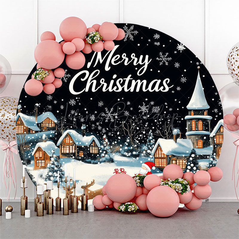 Lofaris Dark Night Snowy Town Santa Round Christmas Backdrop