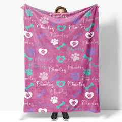 Lofaris Dark Pink Paw Print Bone Custom Pet Name Blanket