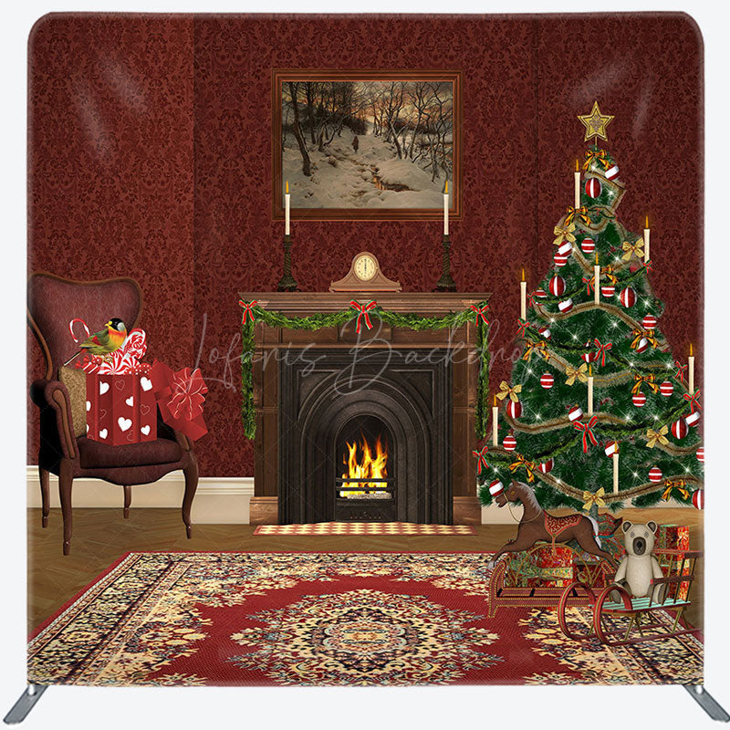 Lofaris Dark Red Fireplace Carpet Christmas Tension Backdrop