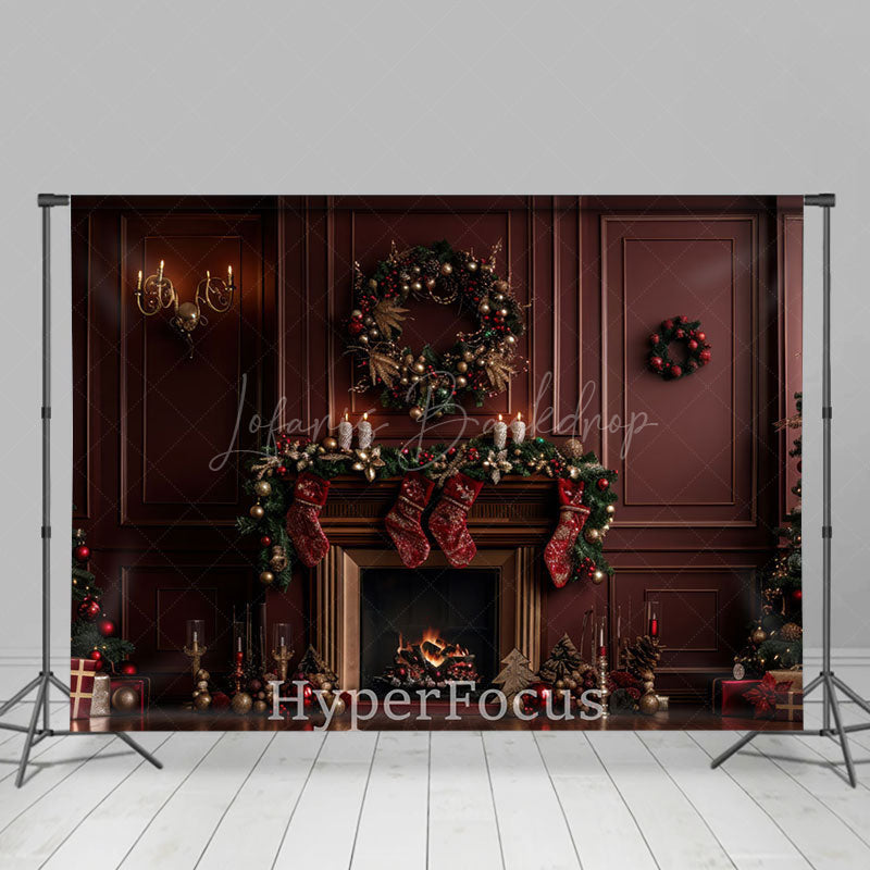 Lofaris Dark Red Luxury Wall Fireplace Christmas Backdrop