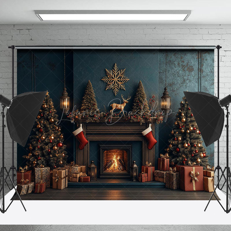 Lofaris Dark Teal Fireplace Trees Gifts Christmas Backdrop