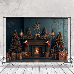 Lofaris Dark Teal Fireplace Trees Gifts Christmas Backdrop