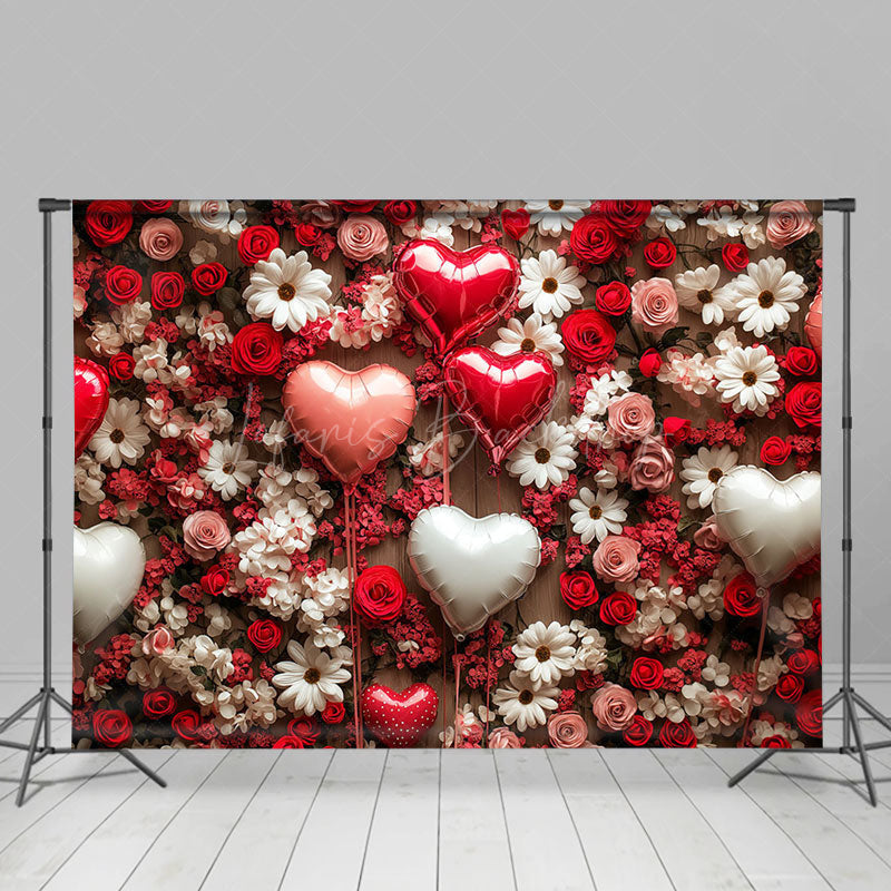 Lofaris Dense Floral Love Balloons Valentines Day Backdrop