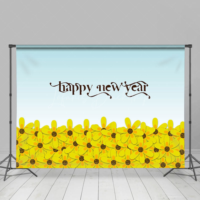 Lofaris Dense Yellow Floral Blue Happy New Year Backdrop