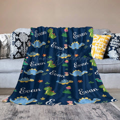 Lofaris Dinosaurs Floral Dark Blue Personalized Name Blanket