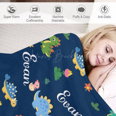 Lofaris Dinosaurs Floral Dark Blue Personalized Name Blanket