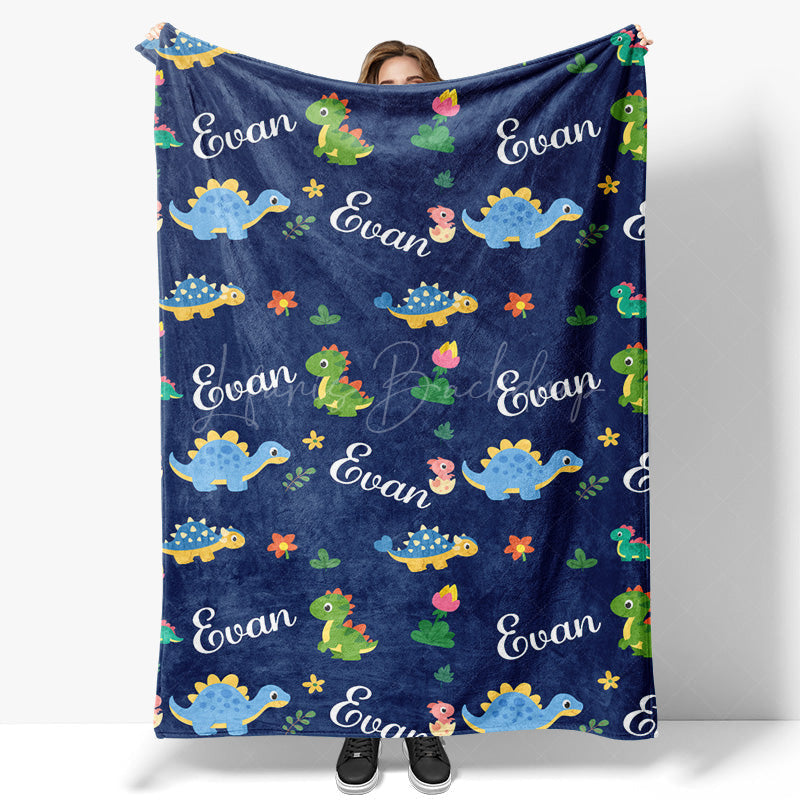 Lofaris Dinosaurs Floral Dark Blue Personalized Name Blanket