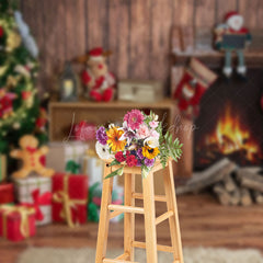 Lofaris Dolls Wood Fireplace Pine Tree Christmas Backdrop