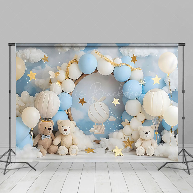 Lofaris Dreamy Blue White Balloon Cloud Teddy Bear Backdrop