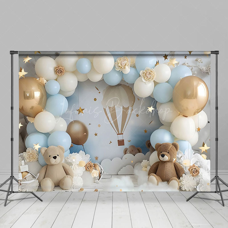 Lofaris Dreamy Blue White Balloon Sky Teddy Bear Backdrop