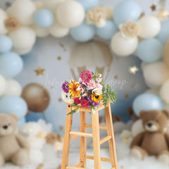 Lofaris Dreamy Blue White Balloon Sky Teddy Bear Backdrop