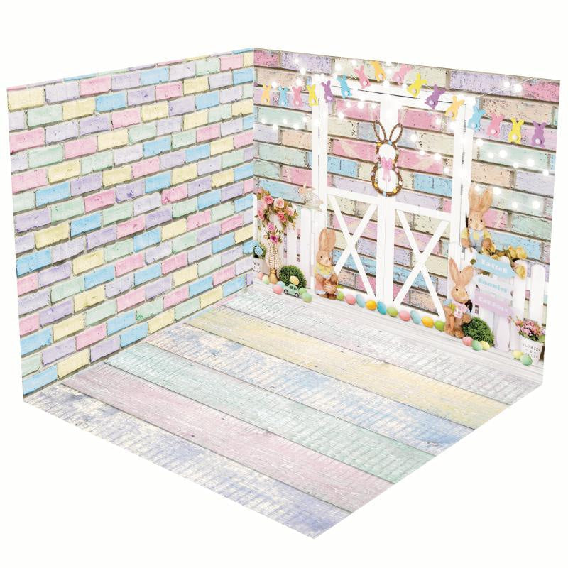 Lofaris Easter Bunny Colorful Brick Wall Room Set Backdrop