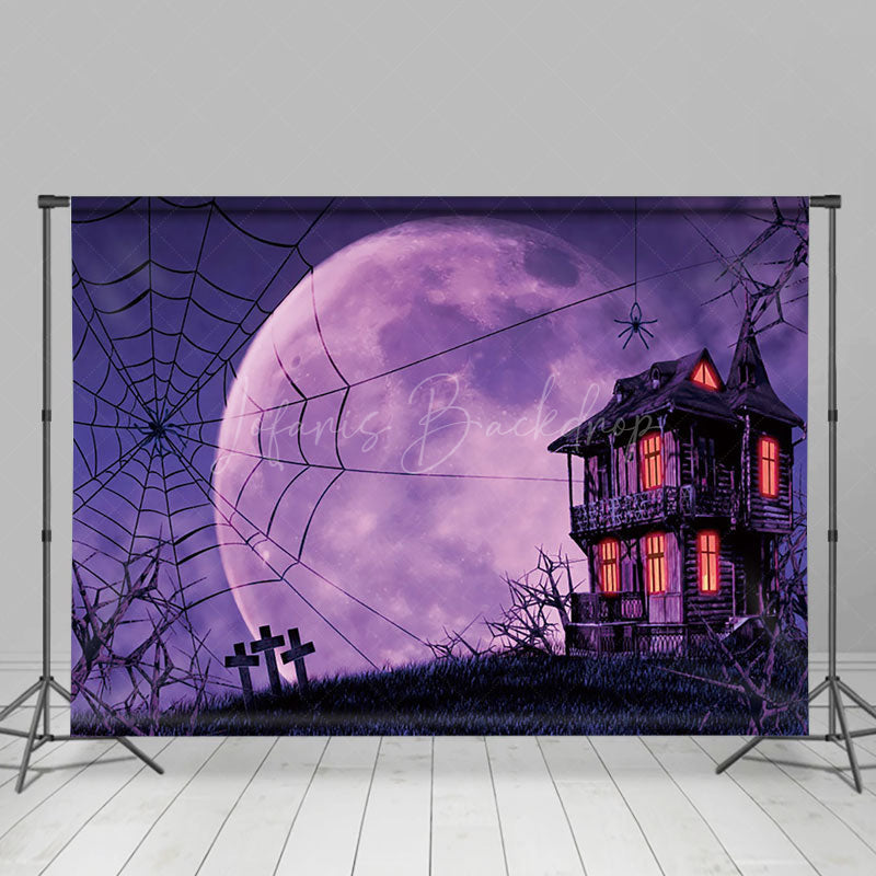 Lofaris Eerie Purple Night Haunted House Halloween Backdrop