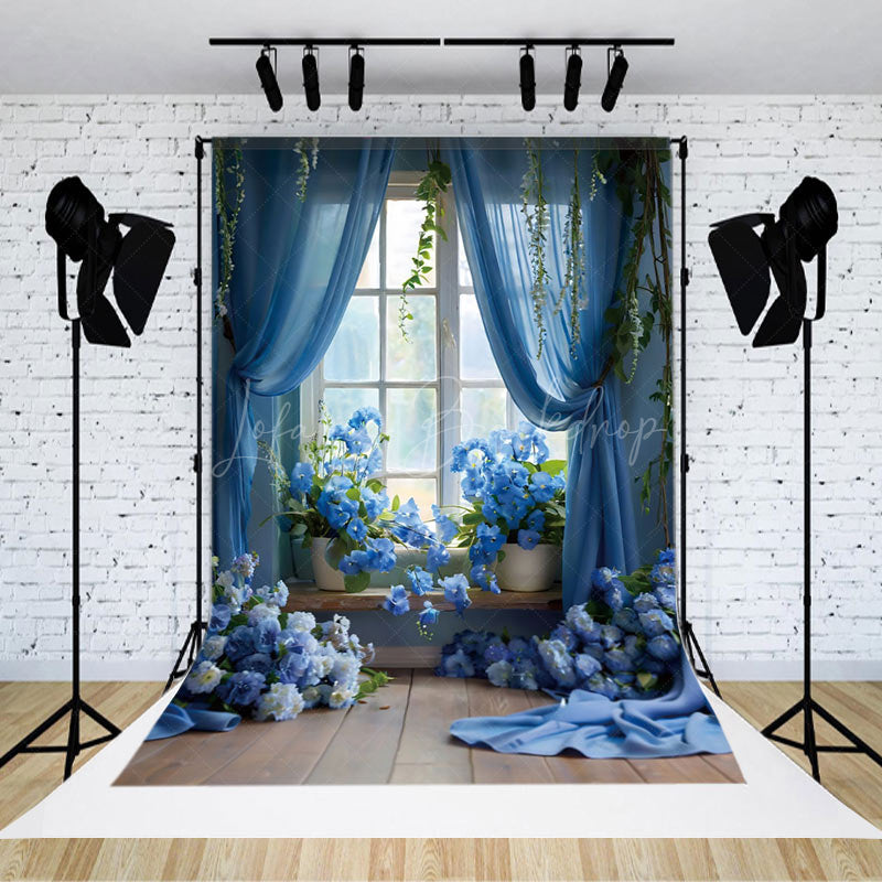 Lofaris Elegant Blue Floral Leaf Window Scene Photo Backdrop