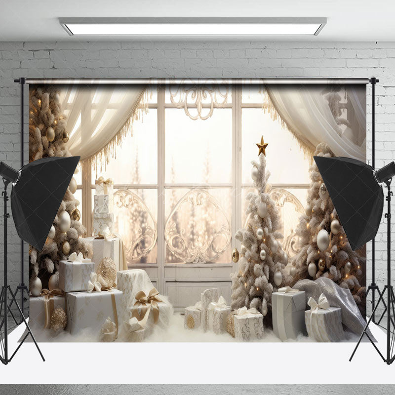 Lofaris Elegant White Gifts Trees Window Christmas Backdrop