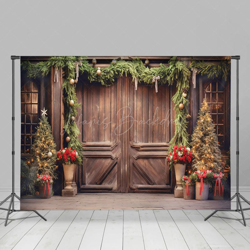 Lofaris Elegant Wooden Door Decorated Xmas Tree Backdrop