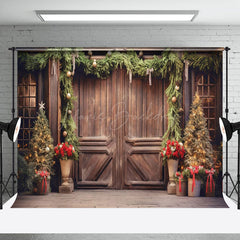 Lofaris Elegant Wooden Door Decorated Xmas Tree Backdrop