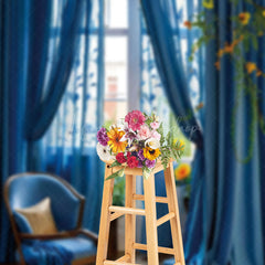 Lofaris Elelgant Blue Curtain Chair Floral Window Backdrop