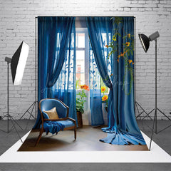 Lofaris Elelgant Blue Curtain Chair Floral Window Backdrop