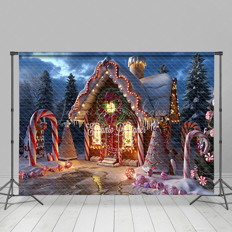 Lofaris Evening Gingerbread House Candy Cane Xmas Backdrop