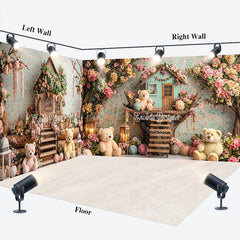 Lofaris Fairy House Floral Bear Cake Smash Room Set Backdrop