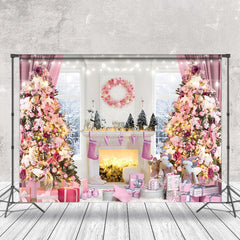 Lofaris Fairy Tale Pink Snowy Window View Christmas Backdrop