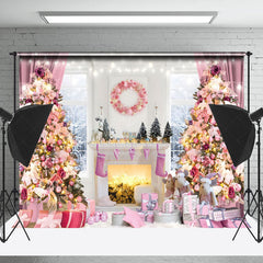 Lofaris Fairy Tale Pink Snowy Window View Christmas Backdrop