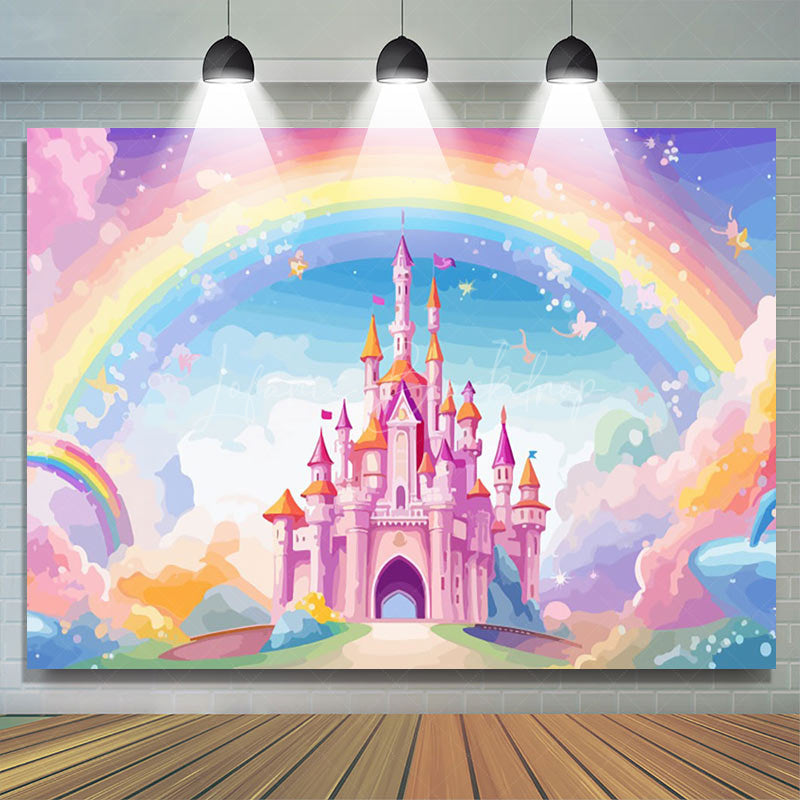 Lofaris Fairytale Castle Golden Crowns Rainbow Sky Backdrop