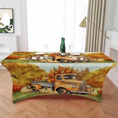 Lofaris Fall Thanksgiving Orange Truck Pumpkin Stretch Table Cover