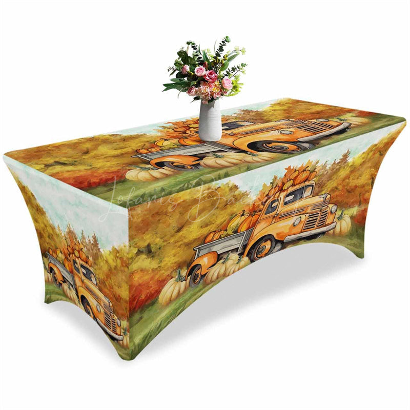 Lofaris Fall Thanksgiving Orange Truck Pumpkin Stretch Table Cover