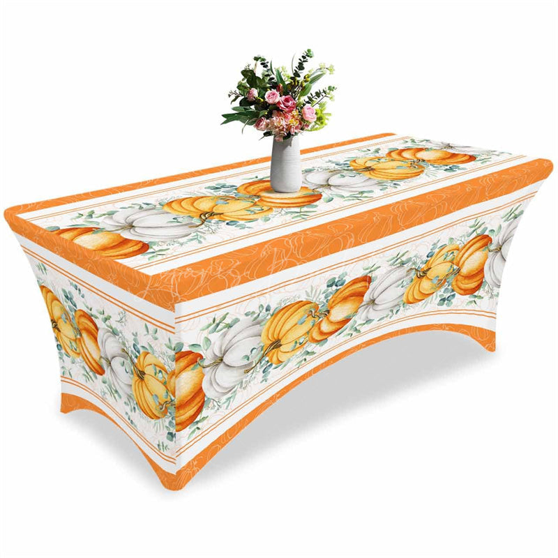 Lofaris Fall Thanksgiving Orange White Pumpkin Stretch Table Cover