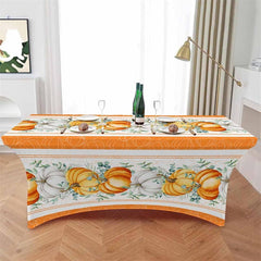 Lofaris Fall Thanksgiving Orange White Pumpkin Stretch Table Cover